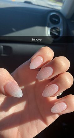 Sheer Pink Nails With Glitter, Neutral Nails For Prom, Neutral Glitter Nails Acrylic, Nude Glitter Nails Almond, Sheer Pink Glitter Nails, Natural Glitter Nails Acrylic, Nude Nails For Prom, Sheer Pink Nails With Design, Glitter Neutral Nails