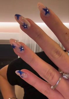 Nails For Sza Concert, Nail Inspo Coffin Design, Artist Inspired Nails, Midnight Blue Nails Aesthetic, Nail Inspo Painted, Fun Birthday Nails Almond, Cute Shirt Almond Nails, Nail Design Inspo Almond, Simple Nails Design Almond