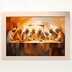 a painting of people sitting at a table with food in front of them and the last supper