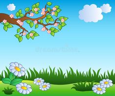 a tree branch with flowers in the grass and clouds in the sky behind it on a sunny day