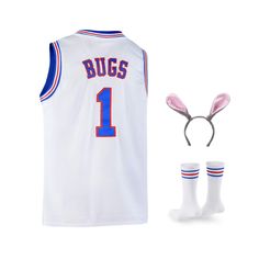 a white basketball jersey with bunny ears on the head, and one pair of socks