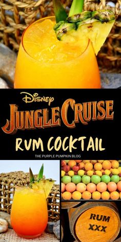 the jungle cruise rum cocktail is shown in this collage