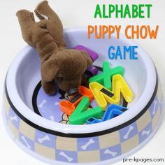 a stuffed animal in a bowl filled with alphabets and letters for puppy chow game