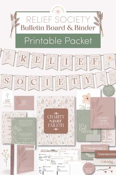 the bulletin board and binder printable packet is shown in pink, green, and white