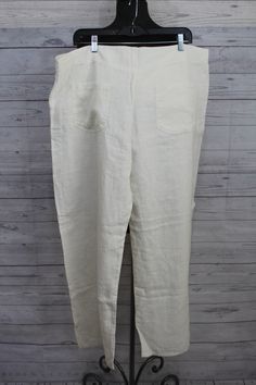 PLEASE NOTE FINAL SALE PRICE Flax Clothing - Linen Linen Pant Flat Front One Front Button Zipper Closure Front Pockets & Back Size Large - Fits 18 to 20 Waist Front & Back 40 Inches Inseam 32 Inches Length 43 Inches Casual Linen Flat Front Bottoms, White Linen Bottoms With Button Closure, White Ankle Pants With Button Closure, White Bottoms With Buttons And Relaxed Fit, White Ankle-length Pants With Button Closure, Flax Clothing, Linen Pant, Linen Pants, Sale Price