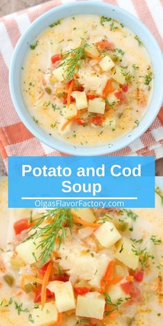 potato and god soup in a blue bowl