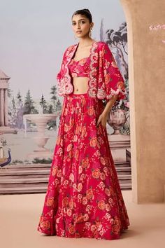 Red cape with flower printed base and dabka embroidered, sequin bead embellished scallop border. Comes with padded inner blouse and lehenga. - Aza Fashions Red Floral Print Sets For Wedding, Fitted Red Sets With Floral Print, Red Floral Print Wedding Set, Red Summer Wedding Choli, Summer Wedding Red Choli, Spring Wedding Choli, Red Summer Wedding Sets, Red Wedding Sets For Summer, Cape Lehenga