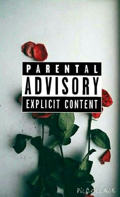 a red rose sitting on top of a white wall next to a sign that says pa ret al advisory explicit content