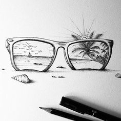 a pencil drawing of glasses with the reflection of a beach scene in it and shells on the ground