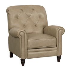 a beige leather chair with buttons on the armrests and foot rests against a white background