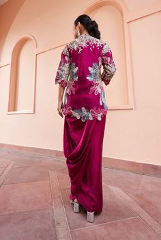 A flowy draped mulberry skirt matched with a top and a botanical inspired jacket for the IT look Elegant Royal Dresses, Aditi Gupta, Classy Saree, Embroidery Zardozi, Jacket And Skirt Set, Dori Work, Haldi Outfits, Indian Bridesmaid Dresses, 2024 Dresses