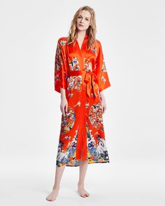 #color_orange Evening Skincare Routine, Kimono Print, Evening Skincare, Women Sleepwear, Silky Skin, Silk Bag, Silk Sleepwear, Sleepwear Dress, Printed Robe