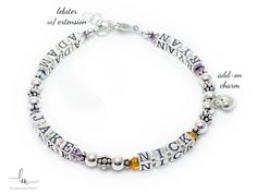 This birthstone bracelet for Grandma or Grammie is made with 4.5mm alphabet block letters with kid's or grandkid's names. The bracelet with the kid's (or grandkid's) names is sometimes called a Mother's Birthstone Bracelet but whatever you call it - it is a fun gift to give yourself or someone you love to show off their kid's or grandkid's. Some of the Name Bracelets are shown with add-on charms. I have 100's of charms and dangles you can add to this bracelet - call, email or text me for the link to pictures to all of my charms. The alphabet block letters are 4.5mm and the beads are 2-5mm. I also make a larger version of this design. Mommys and grandmas everywhere love this beautiful birthstone bracelet. Not only can you get your children's or grandchildren's names on it but their birthsto Silver Name Bracelet With Letter Beads For Birthday, Silver Letter Beads Name Bracelet For Birthday, Birthday Silver Name Bracelet With Letter Beads, Silver Beaded Name Bracelets For Birthday, Personalized Silver Beaded Bracelets For Birthday, Silver Beaded Bracelets With Name For Birthday, Alphabet Block Letters, Mothers Birthstone Bracelet, Grandma Bracelet