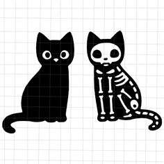 two black cats sitting next to each other with skeleton designs on the front and back