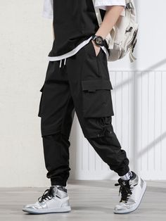 Black Street   Polyester Plain Cargo Pants Embellished Non-Stretch Spring/Summer/Fall Men Bottoms Teach Wear, Cargo Pants Outfit Men, Pants Embellished, Hoodie Outfit Men, Black Pants Outfit, Streetwear Ideas, White Sneakers Men, Pants Outfit Men, Drawstring Waist Pants