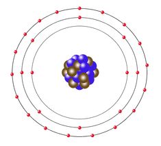 an orbital model with two balls in the middle and one ball at the center, surrounded by red dots