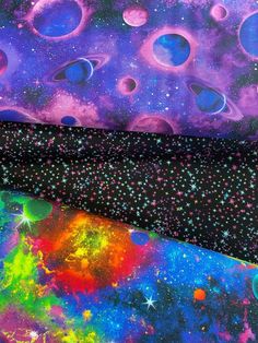 an abstract painting with many different colors and planets in the sky, as well as stars