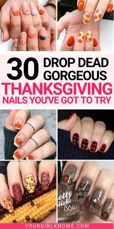 Thanksgiving is a time for family, friends, and lots of delicious food. But it's also the perfect opportunity to show off your festive nails! From glittery designs to simple accents, we've gathered 30 of the cutest Thanksgiving nail ideas to inspire you. Which one will you choose? Gel Nail Designs For Thanksgiving, Acrylic Thanksgiving Nails, Sns Thanksgiving Nails, Thanksgiving Nails Fall Short, Thanksgiving Nails Natural, Thanksgiving Gel Nail Designs, Short Fall Gel Nail Designs, Thanksgiving Fingernails, Minimalist Thanksgiving Nails