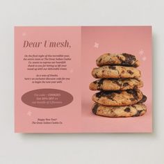 a pink brochure with chocolate chip cookies on it