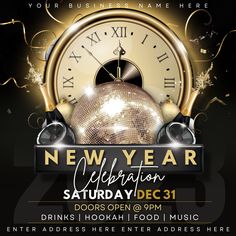 new year celebration party flyer with disco ball and clock on black background for flyers or flyers