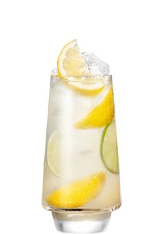 a glass filled with ice and lemon slices