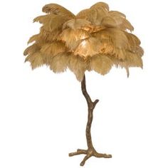 a lamp that is on top of a stand with a feathery base and light bulb