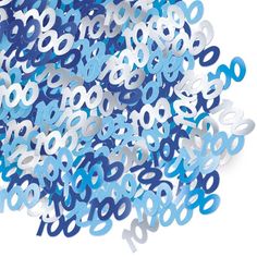 blue and white confetti shaped like numbers