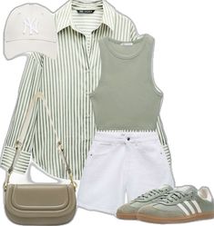 Elevate your summer style with this effortlessly chic outfit! Featuring a light green striped shirt paired with a matching tank top, white shorts, and trendy sneakers, this look is perfect for staying cool and stylish on warm days. Complete the ensemble with a neutral crossbody bag and a classic baseball cap for a sporty yet polished vibe. Ideal for weekend outings, casual meet-ups, or a laid-back day in the city, this outfit strikes the perfect balance between comfort and fashion.  #SummerOutfit #CasualChic #StripedShirt #GreenAesthetic #OOTD #FashionInspo #StreetStyle #TrendyLooks #CasualFashion #MinimalistStyle #SummerVibes #SportyChic Green Striped Shirt, Outfit Chic, Tank Top White, Fashion Fail, Casual Day Outfits, Elegante Casual, Casual Chic Outfit, Chic Outfit, Life Tips