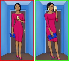 a woman in a pink dress is talking on the phone and holding a blue purse