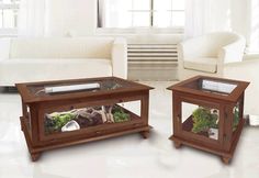 two coffee tables with plants in them on the floor