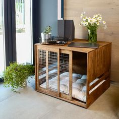 a wooden cabinet with glass doors holding pillows and flowers next to a plant in front of a window