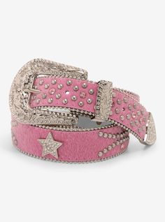 Bring a little sass to the wild west with this fuzzy pink belt! It has a western belt buckle and is adorned with rhinestones and silver-tone studs.80% polyurethane; 20% alloyImported Cowgirl Style Outfits Pink, Pink Bb Belt, Pink Accessories Aesthetic, Hot Pink Clothes, Pink Cowgirl Outfit, 2000s Belt, Bedazzled Belt, Cute Belts, Girly Cowgirl