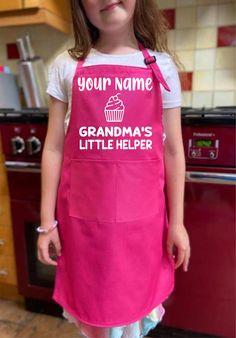 PERSONALISE WITH YOUR CHOICE OF NAME:-  **FREE FAST DELIVERY WITH ROYAL MAIL** KITCHEN APRON IN TWO KIDS SIZES :-  The 3-6 years size apron measures 18 inches in width and 21 inches top to bottom.  The 7-12 years size apron measures 19 inches in width and 24 inches top to bottom. (See Size Chart)  All our novelty aprons tie up at the back, have an adjustable neck strap and a wide neck loop - the aprons are knee length on the average child. There is a very useful double pocket on the front which is great for keeping cooking utensils to hand GREAT GIFT PRESENT FOR THE YOUNG CHEF COOK IN YOUR LIFE: Our humorous aprons always raise a smile and make great gift ideas for the special cook or chef in your life. Great birthday christmas gifts for kids and grand children TWO COLOURS AND TWO AGE SIZE Grandmas Little Helper Apron, Personalized Kids Apron, Tuxedo Bow Tie, Funny Apron, Baking Crafts, Birthday Bbq, Funny Aprons, Bbq Apron, Pirate Birthday