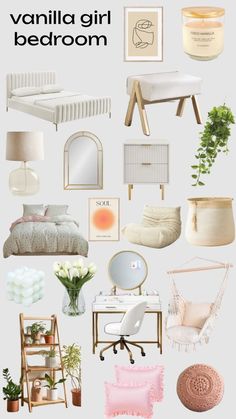 a collage of bedroom furniture and decor with text overlay that reads, vanilla girl bedroom