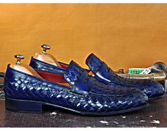 TucciPolo Digno-B Stylish Blue Chequeboard Woven Calfskin Handmade Italian Leather Loafer Shoe. Right side view. Luxury Blue Designer Men's Shoes, Luxury Blue Men's Shoes With Leather Lining, Blue Leather Wingtip Loafers, Luxury Blue Men's Loafers, Dress Shoes Mens, Luxury Blue Men's Slip-on Shoes, Loafer Shoe, Alligator Dress Shoes, Shoes Oxford