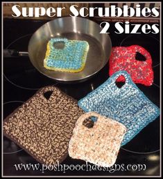 three crocheted bags sitting on top of a stove next to a frying pan