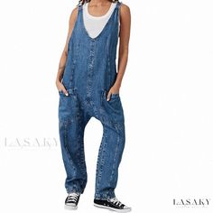 Lasaky - Adjustable Strap Denim Jumpsuit with Front Pocket by QuickBuy Designer Overalls, Slouchy Jumpsuit, High Roller, Outfit Chic, Designer Jumpsuits, Elastic Waist Pants, Edgy Look, Tapered Pants, Sleeveless Jumpsuits