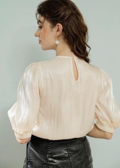 Organza Blouse /pearl Button Reception Blouse/ Bridesmaid | Etsy Elegant Solid Color Padded Blouse, Chic Padded Blouse For Wedding, Fitted Blouson Sleeve Wedding Top, Fitted Blouson Sleeve Top For Wedding, Chic Short Sleeve Wedding Tops, Chic Short Sleeve Tops For Wedding, Beige Puff Sleeve Top For Party, Feminine Evening Top With Blouson Sleeves, Elegant Padded Puff Sleeve Top For Parties