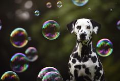 a dalmatian dog sitting in front of soap bubbles