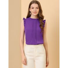 The ruffled sleeveless design would show demure, feminine grace, and also lend shape and texture. Crafted from a lightweight material, it is shaped with an elegant crew neckline, and pleat detailing, and comes in a relaxed cut for easy, breezy wear. This vintage blouse is designed with ruffled trim and solid color, especially for a professional look at work. Office Vintage, 1950s Retro, Ruffle Fabric, Work Blouses, Vintage Blouse, Elegant Blouses, Ruffled Sleeve Top, Easy Breezy, Hem Style