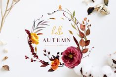 the words hello autumn are surrounded by flowers and cotton floss on a white background