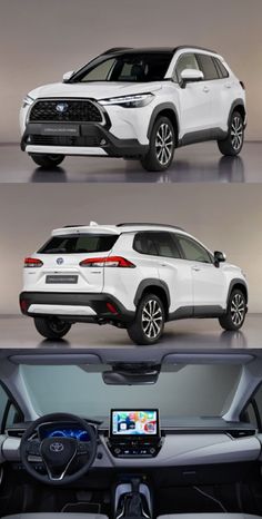 three different views of the front and back of a white toyota rav in four different stages