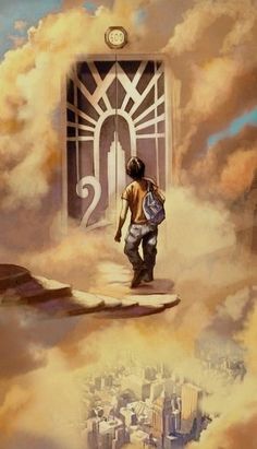 a painting of a person standing in front of an open door with clouds surrounding them