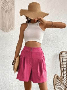 Pink White Shorts Pink Top Outfit, Pink Shorts Outfits Summer, Tailored Shorts Outfit, Pink Shorts Outfits, Hyper Feminine, Rose Pink Color, Feminine Outfits, Shorts Outfits Women, Tailored Shorts