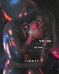 a couple hugging each other in front of some lights and stars with the caption i hope it's us in the end