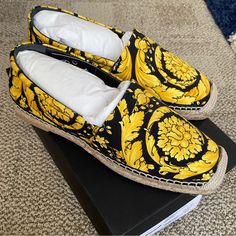 Versace Tessuto Espadrilles. Brand New, Never Worn. Size 40it. Run 1/2 Size Small. Comes With Box And Dust Bag. Yellow Round Toe Espadrilles For Vacation, Yellow Closed Toe Espadrilles For Vacation, Yellow Flat Heel Espadrilles For Beach, Luxury Slip-on Espadrilles For Summer, Yellow Espadrilles With Woven Sole And Round Toe, Luxury Slip-on Espadrilles With Rubber Sole, Yellow Slip-on Espadrilles For Beach, Versace Slippers, Versace Slippers For Men