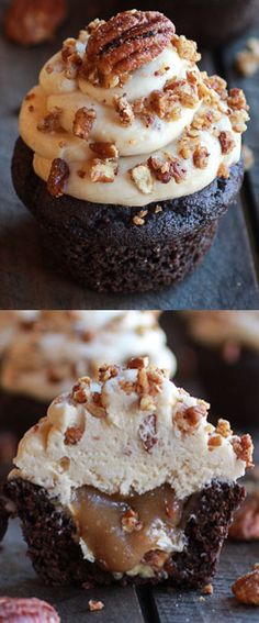 there are two different pictures of cupcakes with frosting and nuts