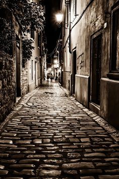 a cobblestone street in an old european city at night