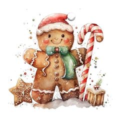 a watercolor painting of a gingerbread man holding a candy cane