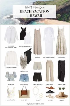 Beach Packing Outfits, Neutral Cruise Outfits, Outfits To Wear On Beach Vacation, Outfits For A Resort Vacation, Vacation Outfits For Beach, Hawaii Holiday Outfits, Parisian Vacation Style, Vacation Beach Outfit Ideas, Summer Holiday Outfits Beach Vacation Style Capsule Wardrobe